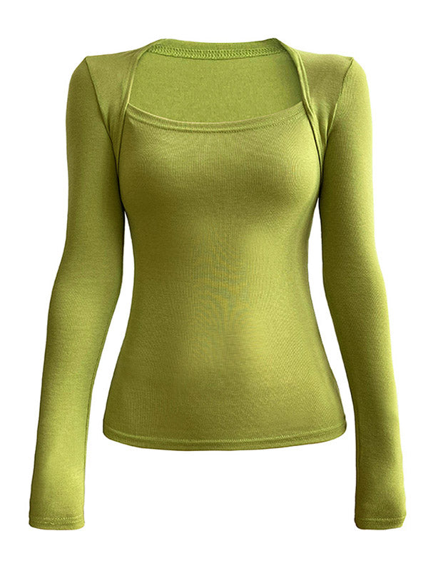 Simple Solid Color Square-Neck Long Sleeves False Two Base Shirt