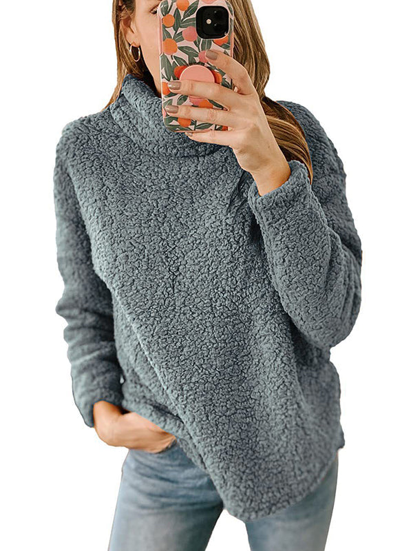 Solid Color Split-Joint Long Sleeves Loose High Neck Sweatshirt Tops