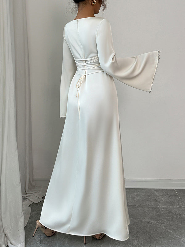 Solid Color Tied Zipper A-Line Flared Sleeves Round-Neck Maxi Dresses