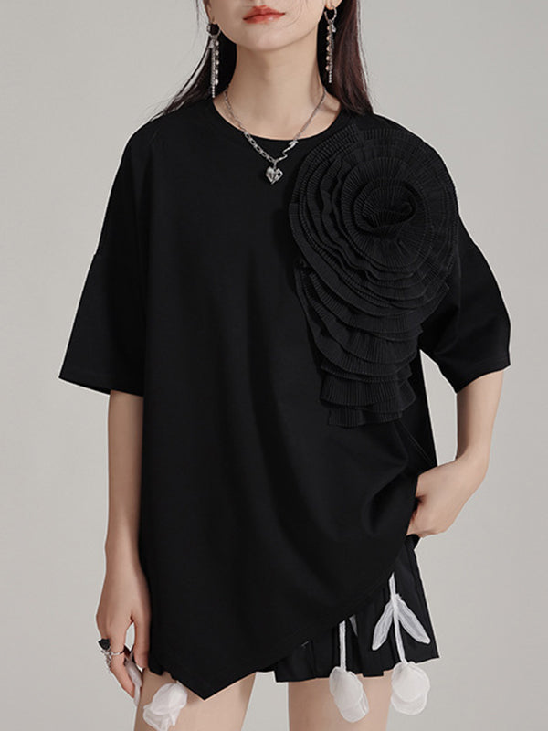 Asymmetric Solid Color Three-Dimensional Flower Loose Short Sleeves Round-Neck T-Shirts Tops