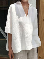 Solid Color Loose Three-Quarter Sleeves Lapel T-Shirts Tops