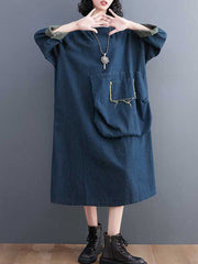 Fringed Pockets Split-Joint A-Line Long Sleeves Round-Neck Midi Dresses