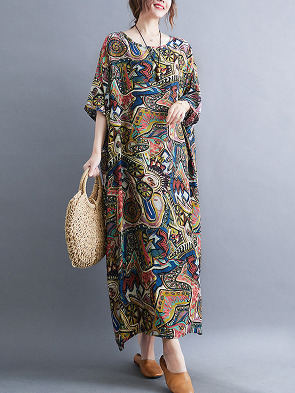 Original Artistic Retro Loose Printed Contrast Color Midi Dress