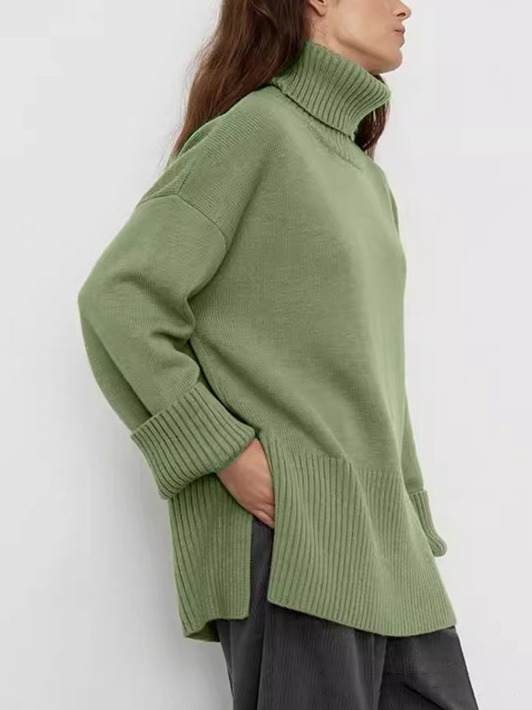 Pleated Solid Color Split-Side Long Sleeves Loose High Neck Sweater Tops