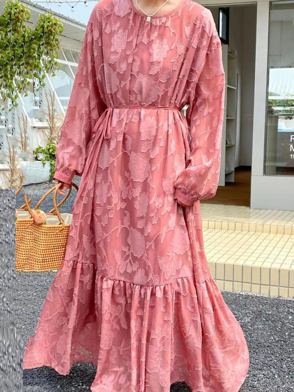 Flower Print Pleated Solid Color Split-Joint Tied Waist Long Sleeves Loose Round-Neck Maxi Dresses