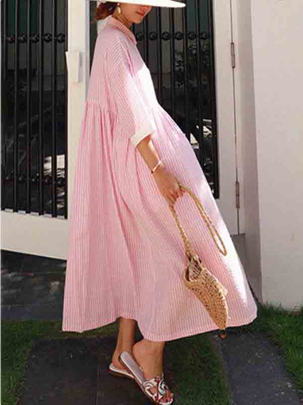 Buttoned Pleated Pockets Split-Joint Striped A-Line Half Sleeves Lapel Maxi Dresses