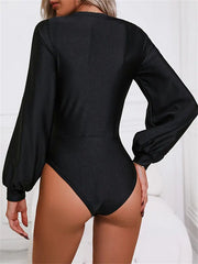 Hollow Pleated Solid Color Split-Joint High Waisted Long Sleeves V-Neck Bodysuits