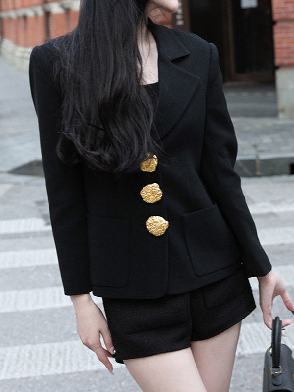 Buttoned Pockets Split-Joint Long Sleeves Loose Notched Collar Outerwear Blazer