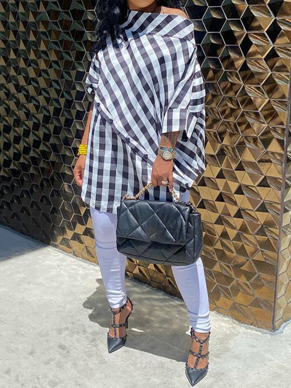 Asymmetric Buttoned Plaid Half Sleeves Loose One-Shoulder Blouses&Shirts Tops