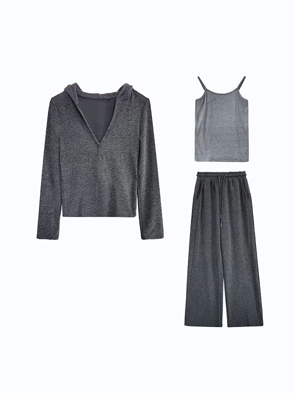 Buttoned Long Sleeves Hooded  T-Shirts Top + Vest Top + Wide Leg Drawstring Elasticity Pants Bottom Three Pieces Set