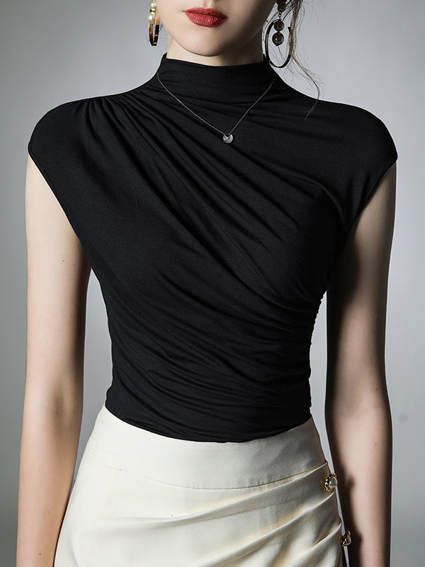 Pleated Solid Color Skinny Mock Neck T-Shirts Tops