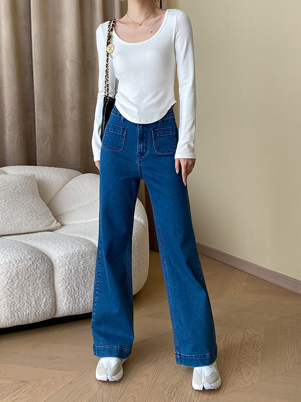 Solid Color Long Sleeves Skinny U-Neck T-Shirts Tops