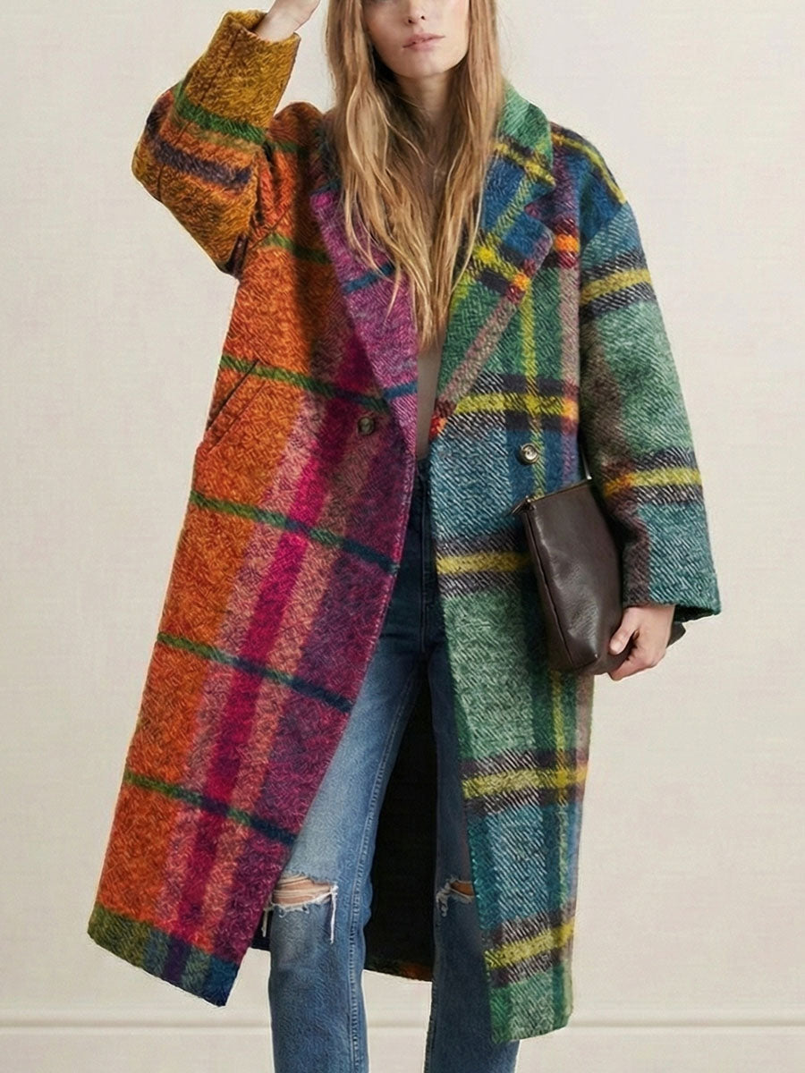 Loose Three-Quarter Sleeves Contrast Color Plaid Split-Joint Lapel Outerwear Windbreakers Woolen Coat