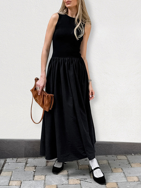 Solid Color Split-Joint A-Line Sleeveless Round-Neck Maxi Dresses