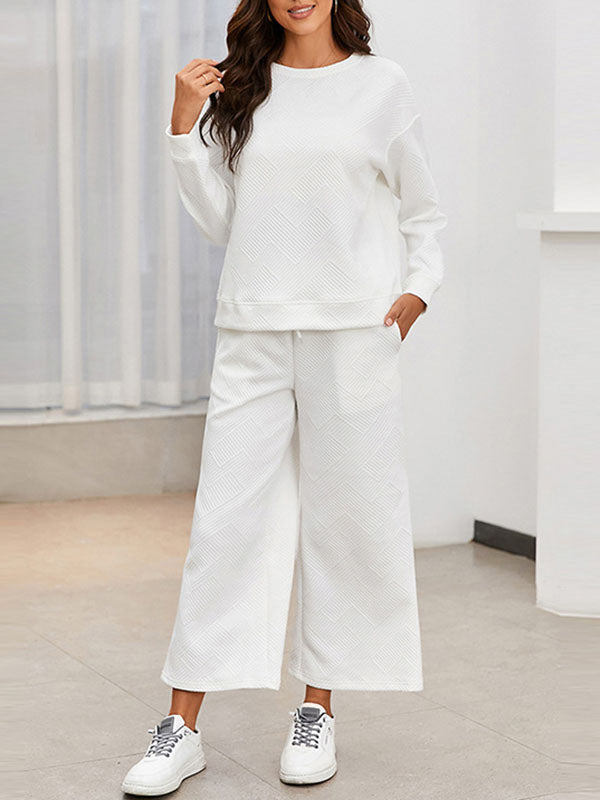 Round-Neck Long Sleeves Loose Solid Color Shirts Top + Drawstring Pants Bottom Two Pieces Set