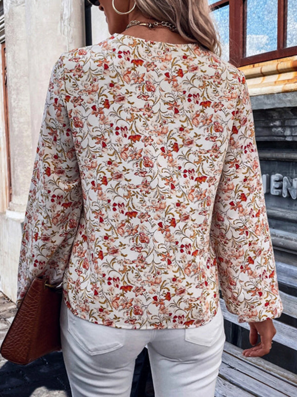 Elasticity Flower Print Split-Joint Long Sleeves Loose V-Neck Blouses&Shirts Tops