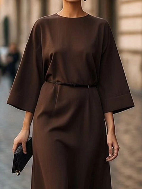 Pleated Solid Color Split-Joint Loose Three-Quarter Sleeves Round-Neck Midi Dresses