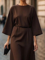 Pleated Solid Color Split-Joint Loose Three-Quarter Sleeves Round-Neck Midi Dresses