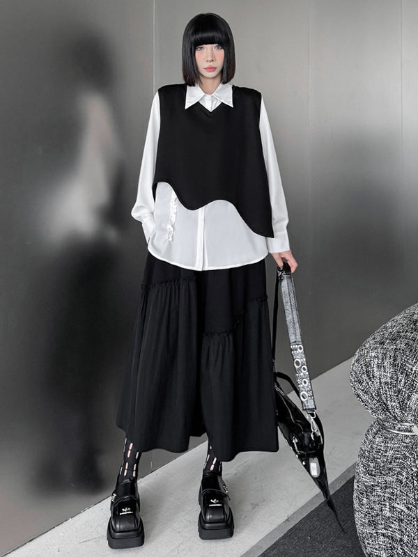 Buttoned Falbala Ruffled Solid Color Split-Joint Hipster Long Sleeves Lapel Blouses&shirts Tops