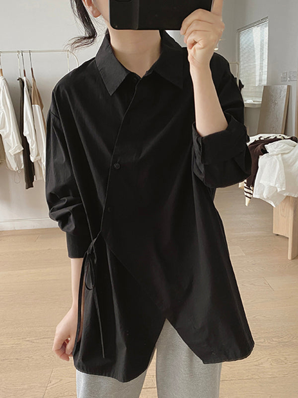 Lace-Up Solid Color Irregular Clipping Long Sleeves Lapel Blouses