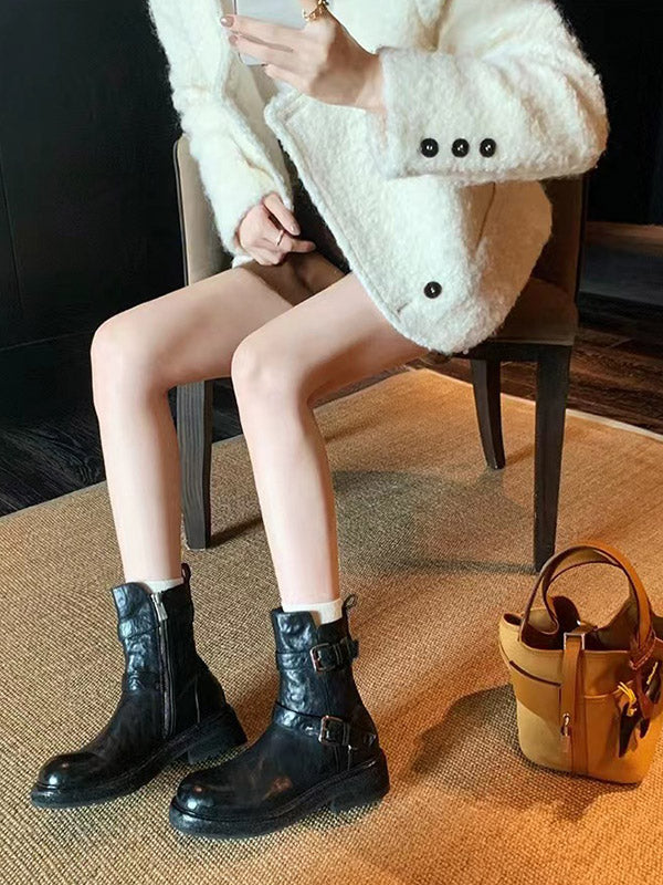Belt Buckle Round-Toe Split-Joint Zipper Boots
