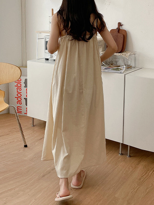 Elasticity Pleated Ruffled Solid Color Loose Sleeveless Spaghetti-Neck Pajama Dress Midi Dresses