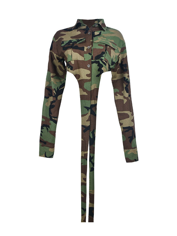 Buttoned Camouflage Pockets Tied Long Sleeves Loose Lapel Outerwear