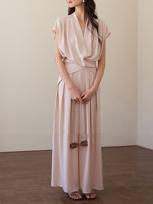 Elasticity Pleated Solid Color High Waisted Wide Leg Trousers Pants