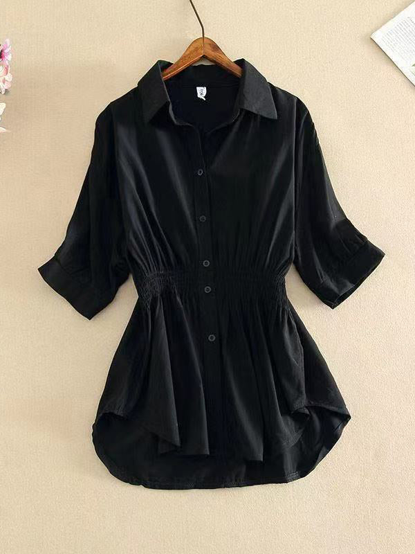 Buttoned Pleated Solid Color High-Low Loose Lapel Blouses&Shirts Tops