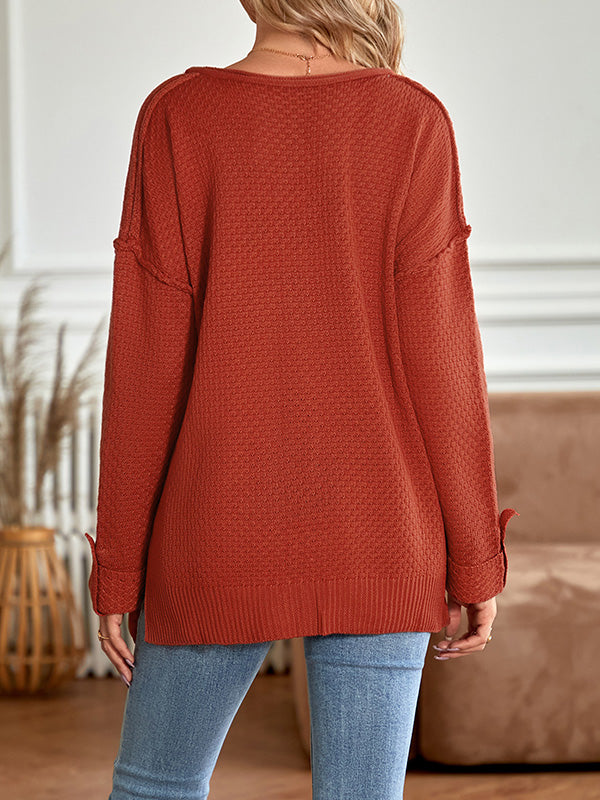 Buttoned Split-Side Long Sleeves Loose V-Neck Sweater Tops Pullovers