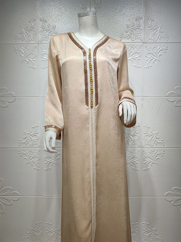 Muslim Rhine Stones Long Sleeves Loose V-Neck Robes Maxi Dresses