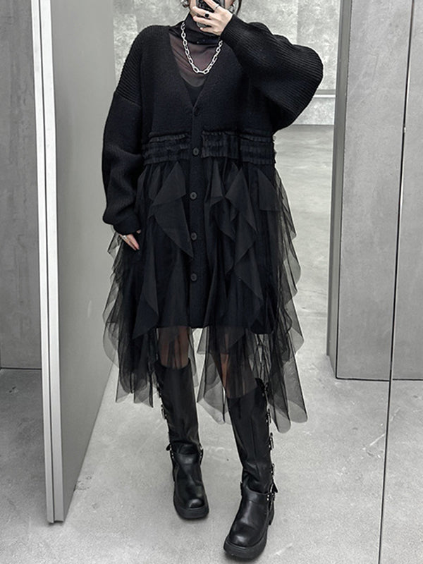 Buttoned Pleated Solid Color Split-Joint Tulle Velvet Long Sleeves Loose V-Neck Cardigan Tops