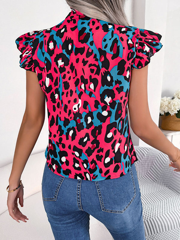 Leopard Cap Sleeve Loose Statement Collar Vest Top