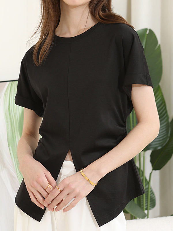 Pleated Solid Color Split-Front Split-Joint Batwing Sleeves Loose Round-Neck T-Shirts
