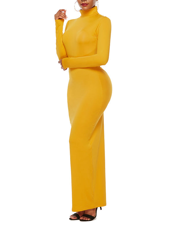 Solid Color Bodycon Long Sleeves High Neck Maxi Dresses