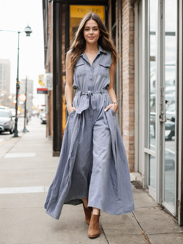 Buttoned Pleated Pockets Split-Joint Tied Loose Sleeveless Lapel Jumpsuits