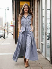 Buttoned Pleated Pockets Split-Joint Tied Loose Sleeveless Lapel Jumpsuits