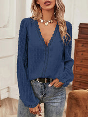 Elasticity Embroidered Solid Color Split-Joint Flared Sleeves Long Sleeves V-neck T-Shirts Tops