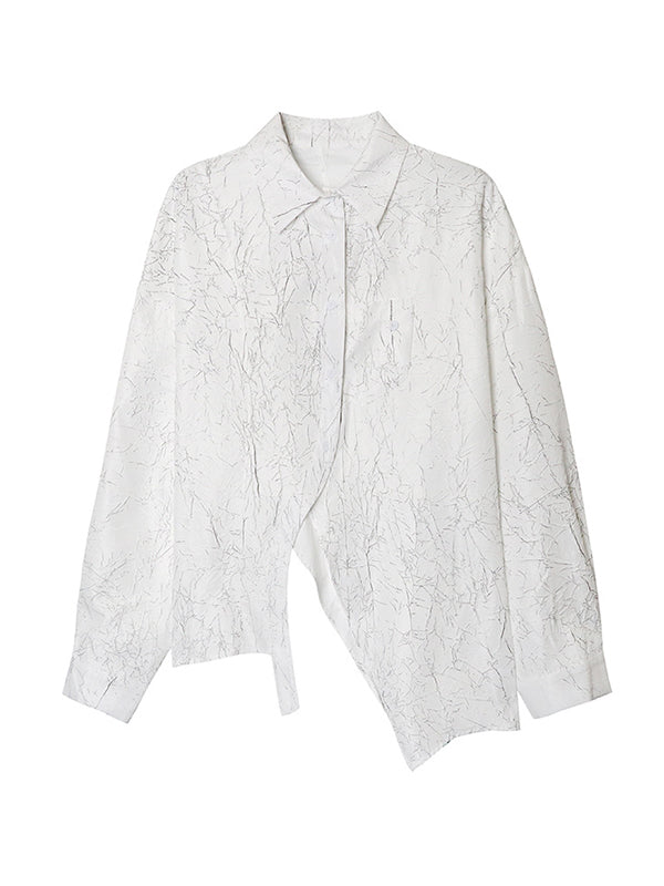 Abstract Printed Asymmetric Buttoned Wrinkled Irregularity Long Sleeves Lapel Blouses&Shirts Tops