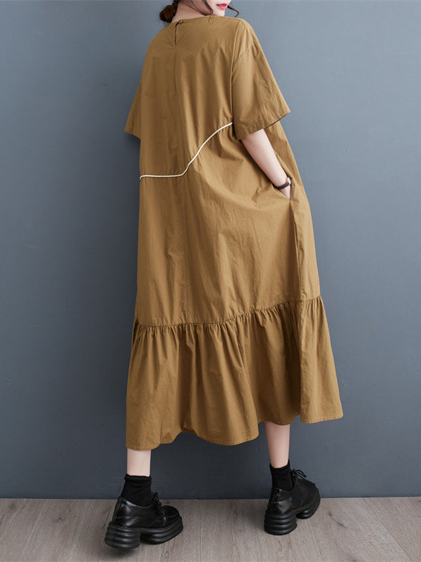 Pleated Split-Joint Loose Short Sleeves Round-Neck Midi Dresses