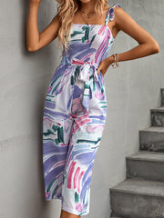 Elasticity Printed Tied Waist High Waisted Loose Spaghetti-Neck Jumpsuits