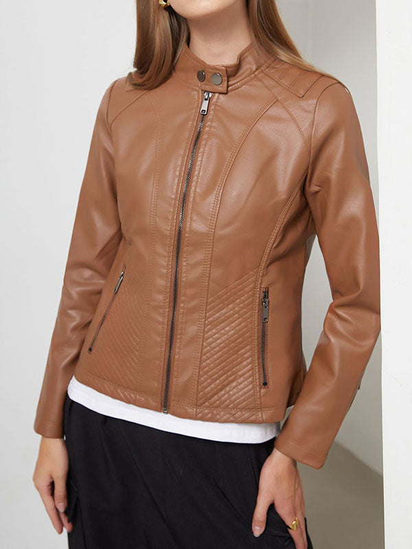 Buttoned Pockets Split-Joint Zipper Long Sleeves Plus Size Stand Collar Outerwear Jackets