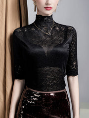Slightly Sheer Split-Joint Textured False Two Half Sleeves High Neck T-Shirts Tops