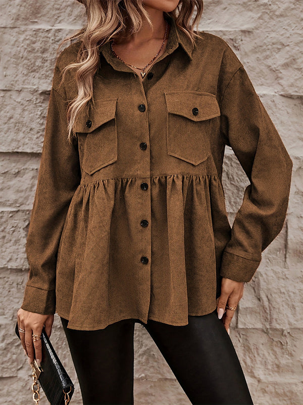 Buttoned Pleated Pockets Solid Color Split-Joint A-Line Long Sleeves Lapel Outerwear