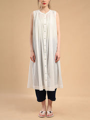 Pleated See-Through Loose Sleeveless Round-Neck Midi Dresses