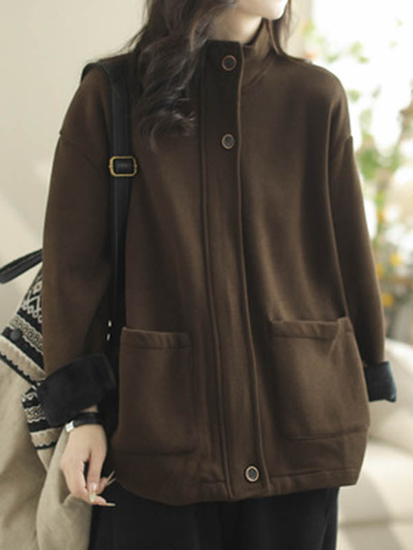 Buttoned Keep Warm Pockets Split-Joint Velvet Zipper Long Sleeves Loose Stand Collar Outerwear
