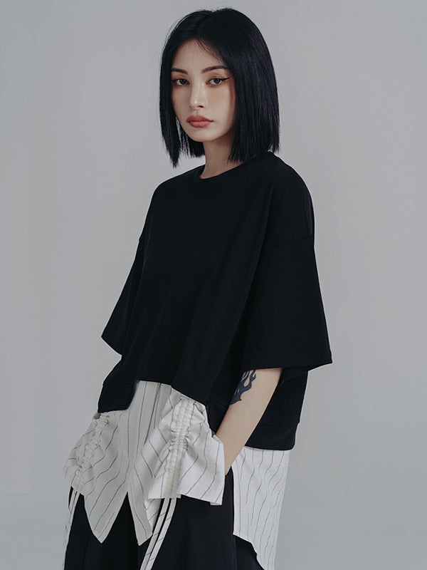 Urban Striped Drawstring Split-Joint False Two Split-Joint T-Shirt