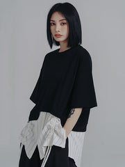 Urban Striped Drawstring Split-Joint False Two Split-Joint T-Shirt