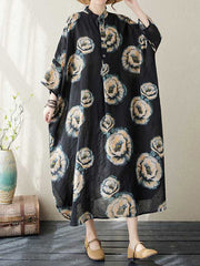 Buttoned Flower Print Loose Three-quarter Sleeves Stand Collar Midi Dresses
