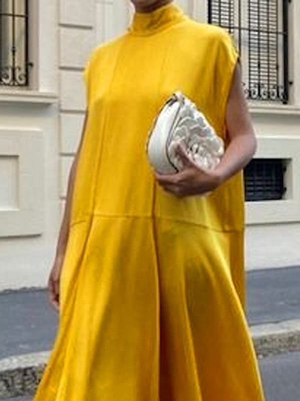 Pleated Solid Color Split-Joint A-Line Loose Round-Neck Maxi Dresses